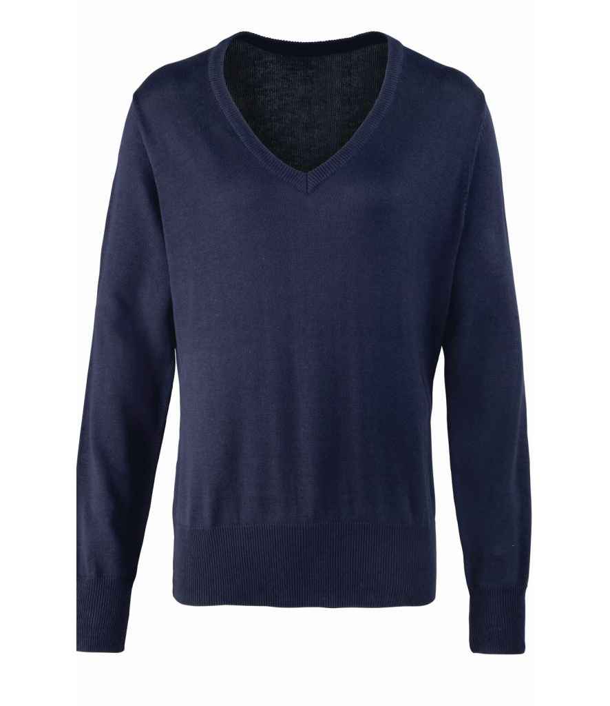Premier Ladies Knitted Cotton Acrylic V Neck Sweater - Navy