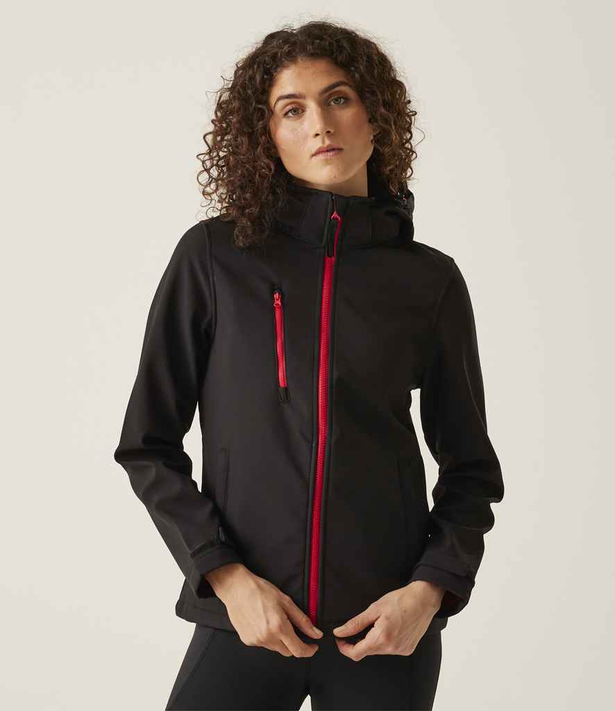 Regatta Ladies Venturer Three Layer Hooded Soft Shell Jacket - Black/Classic Red