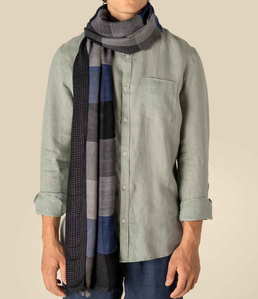 Spasso Blue Patchwork/Check Reversible Scarf - Blue Patch/Blue Check