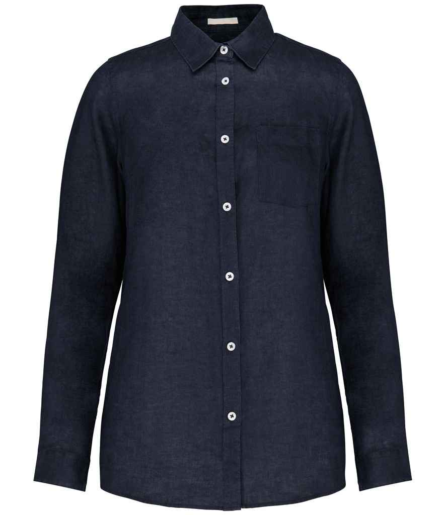 Spasso Ladies Long Sleeve Linen Shirt - Navy