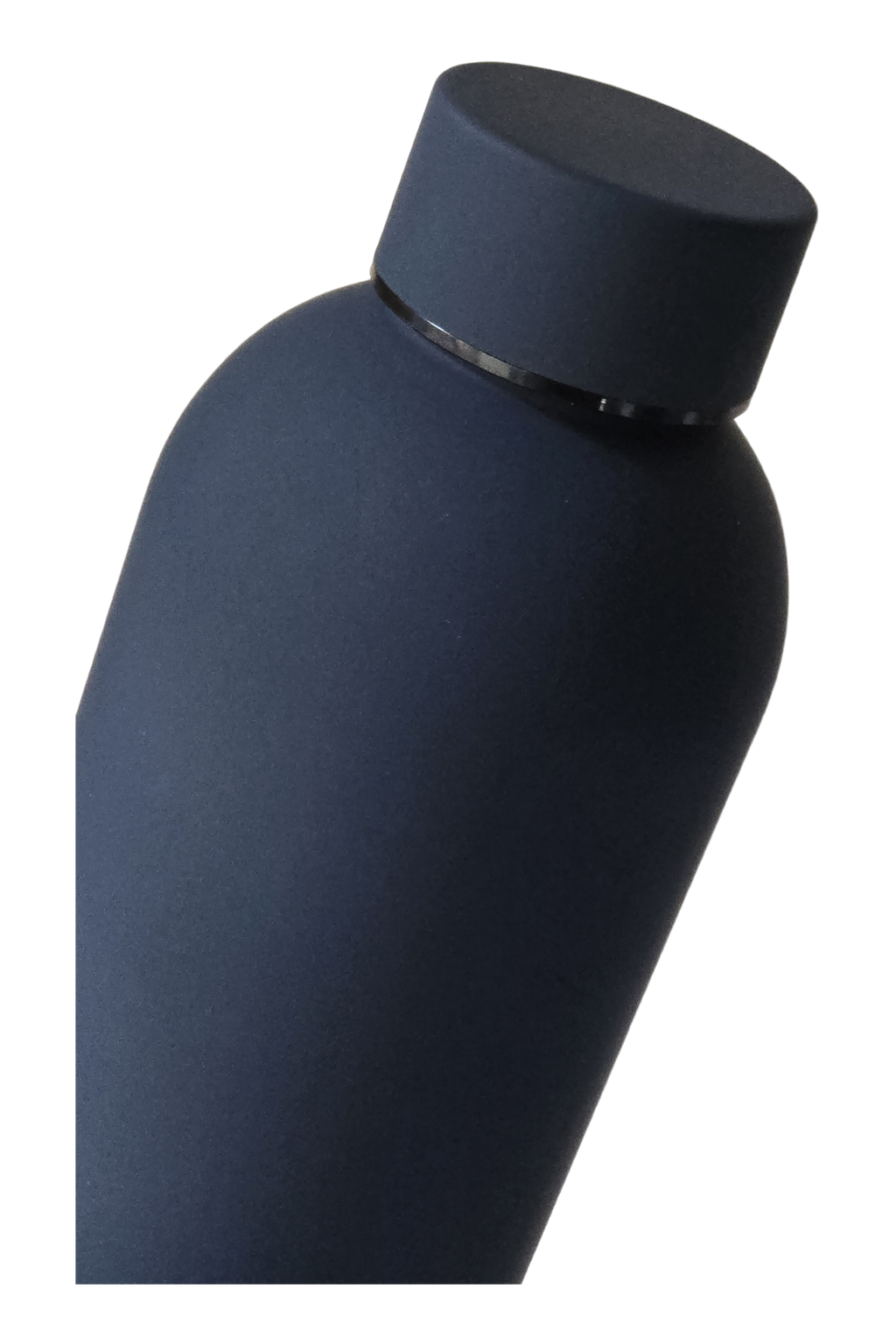 The navy bottle tilted, close up on the soft-touch matte finish and the screw cap