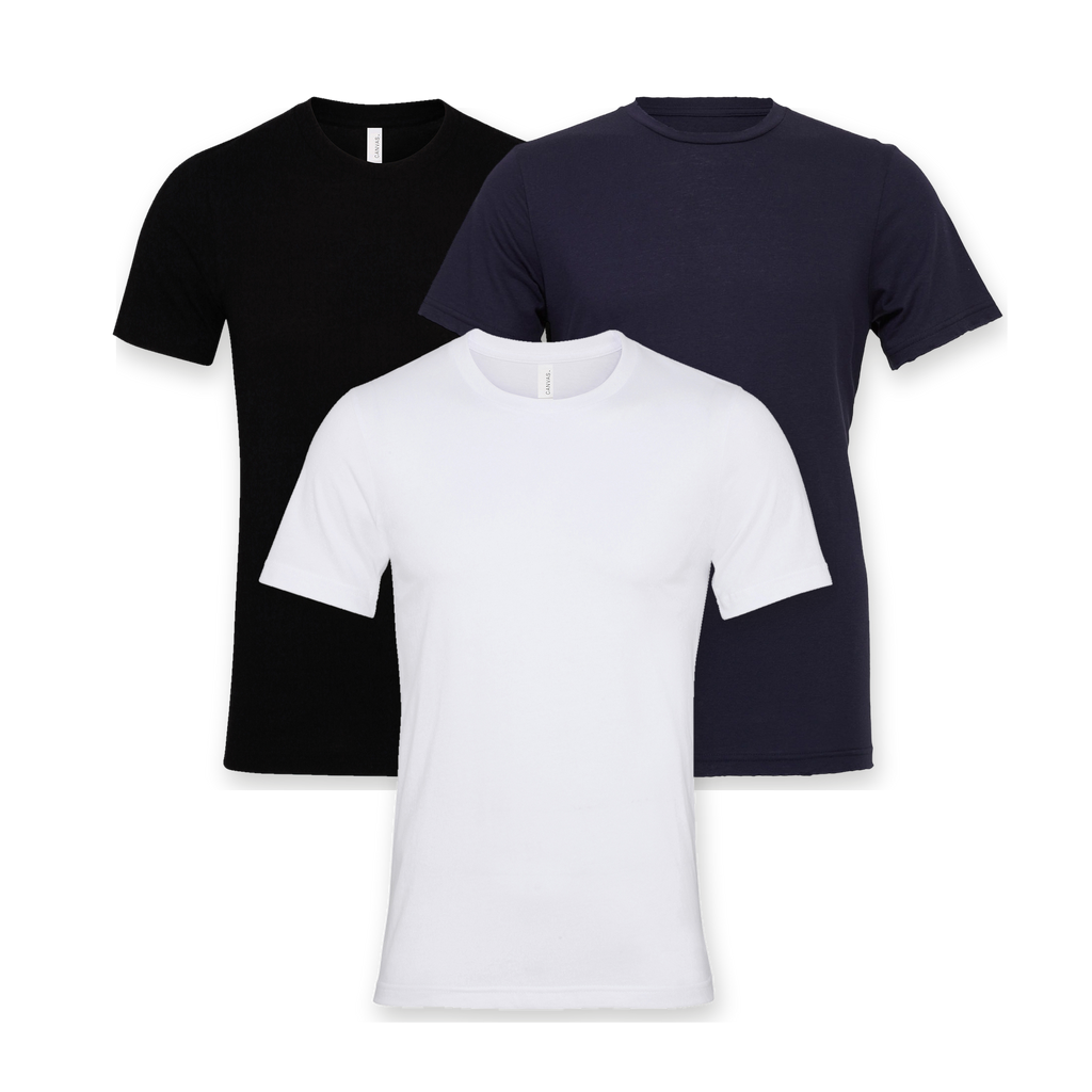 Three plain Bella+Canvas 3001 t-shirts in a pile: black and navy behind, white in front