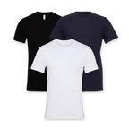 Three plain Bella+Canvas 3001 t-shirts in a pile: black and navy behind, white in front
