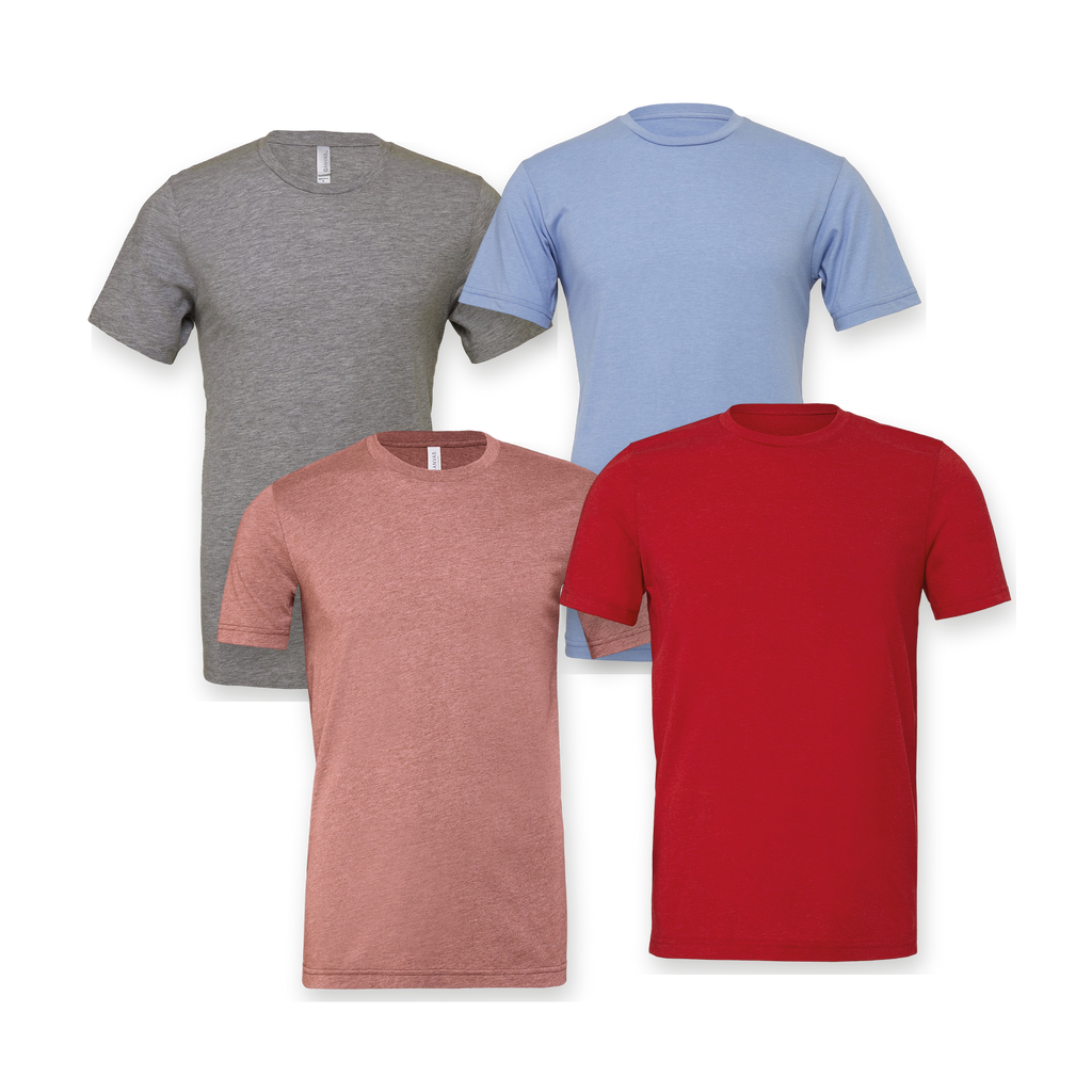 Four plain Bella+Canvas 3001CVC heather t-shirts in a pile: deep heather, heather blue, heather mauve and heather red