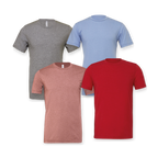 Four plain Bella+Canvas 3001CVC heather t-shirts in a pile: deep heather, heather blue, heather mauve and heather red