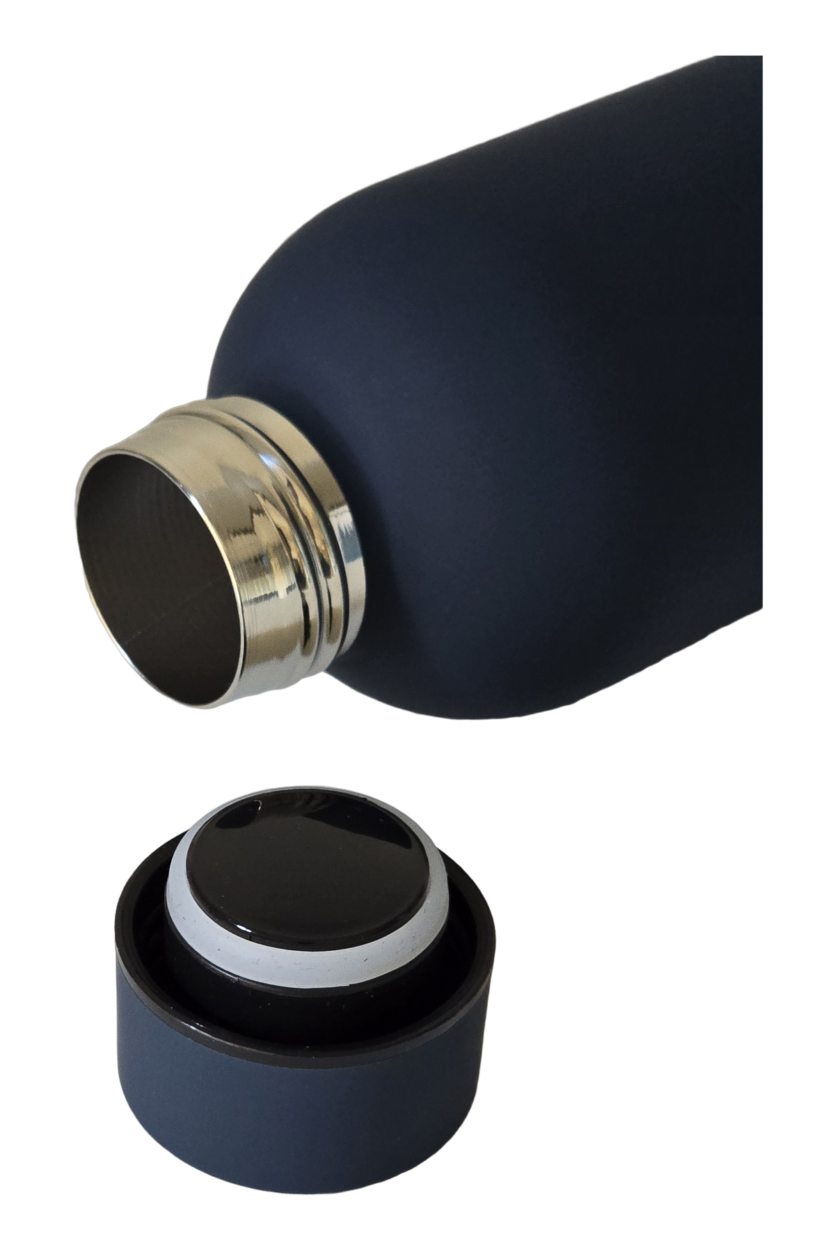 The navy bottle with its cap off, showing the polished stainless steel mouth and the sealed screw cap