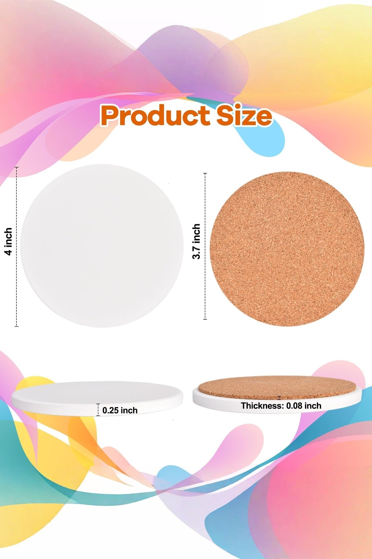 Round white ceramic coaster, 10 cm (4 in) across and about 6 mm thick, with a 9.4 cm cork disc for the back