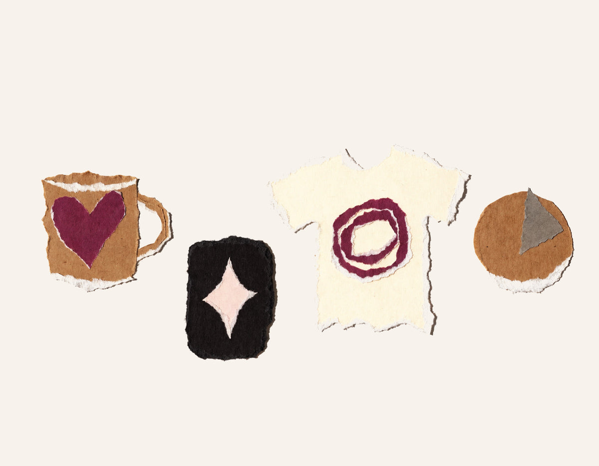 Torn-paper collage of personalised keepsakes