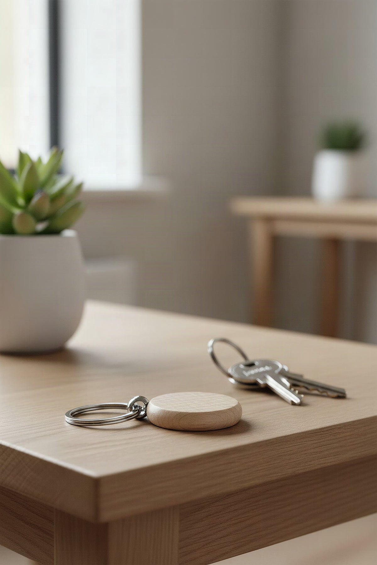 The beech disc keyring on a hallway table beside a bunch of house keys