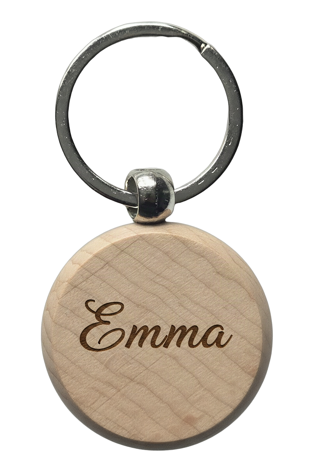 Example of the engraving: the beech wood keyring, circle, laser-engraved with a name in a flowing script
