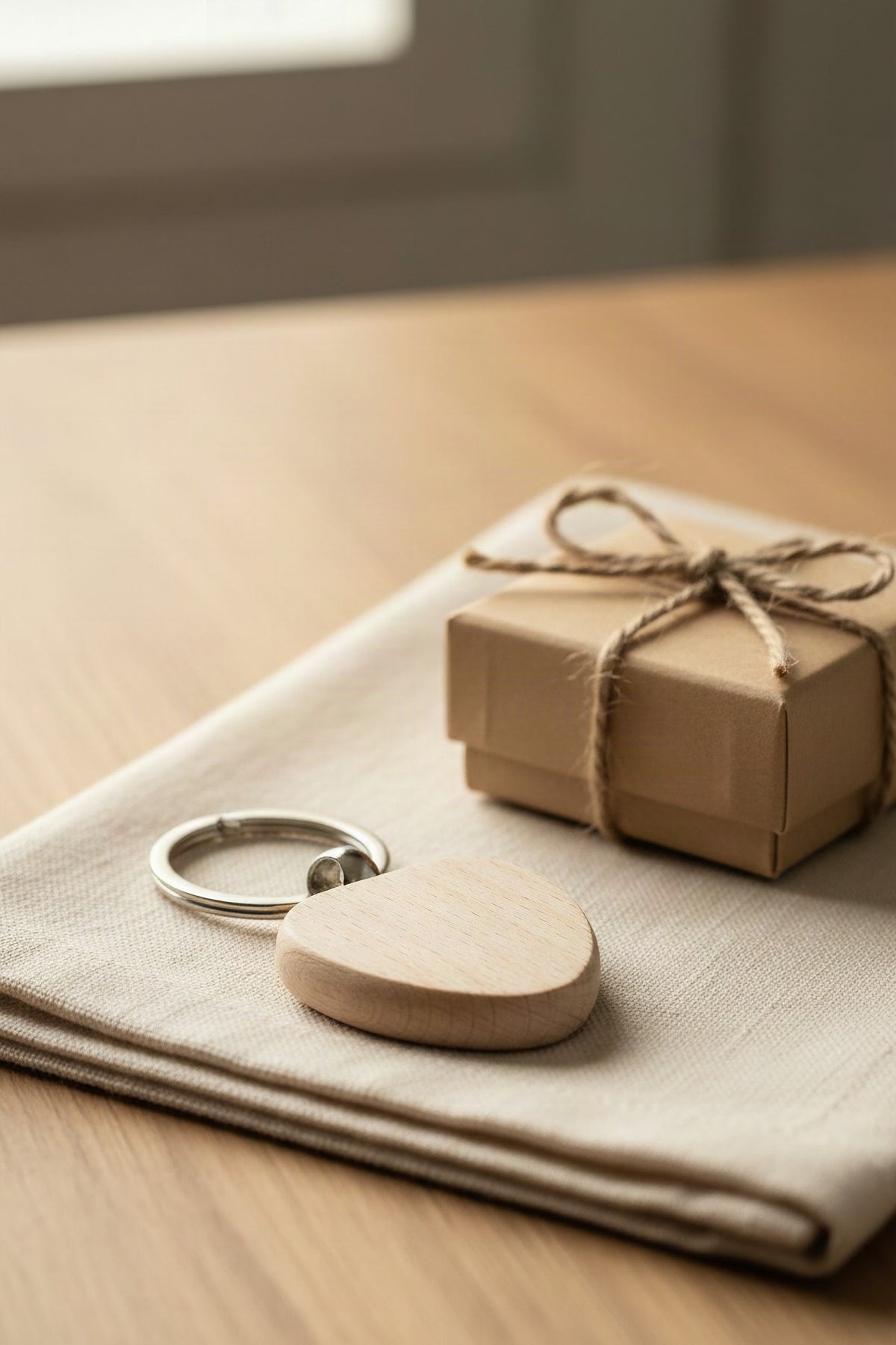 The beech heart keyring on a linen napkin next to a small gift box tied with twine