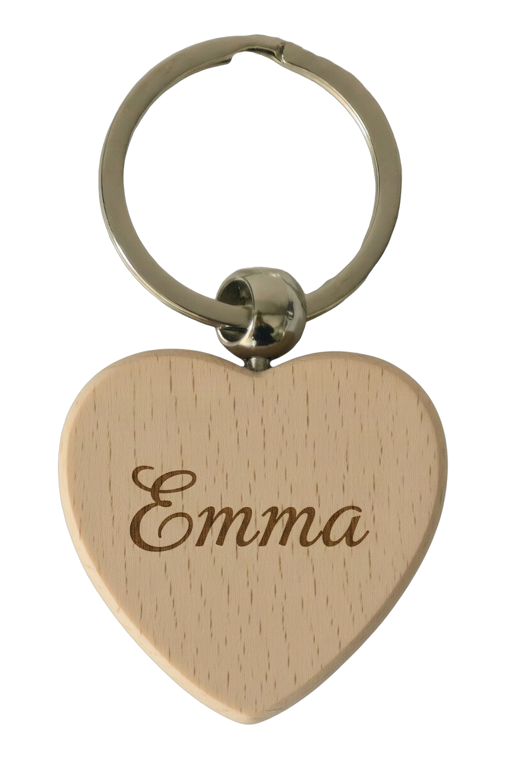 Example of the engraving: the beech wood keyring, heart, laser-engraved with a name in a flowing script
