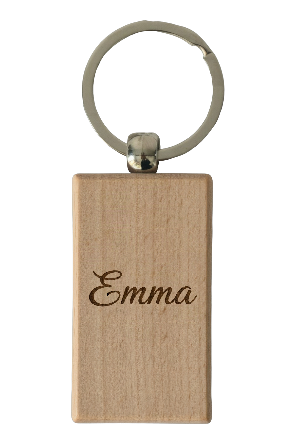 Example of the engraving: the beech wood keyring, rectangle, laser-engraved with a name in a flowing script