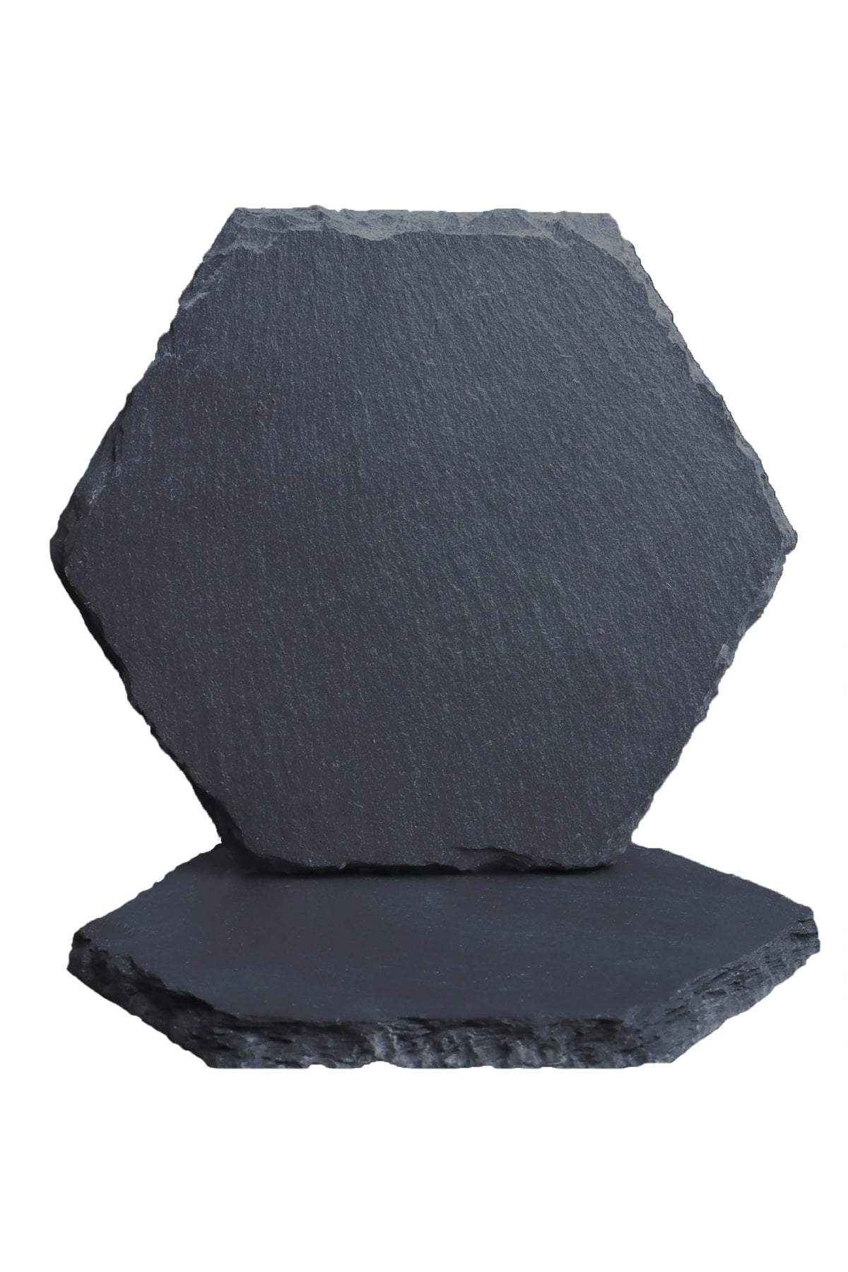 Two hexagon natural slate coasters, 10 cm across, one leaning on the other to show the rough split edge