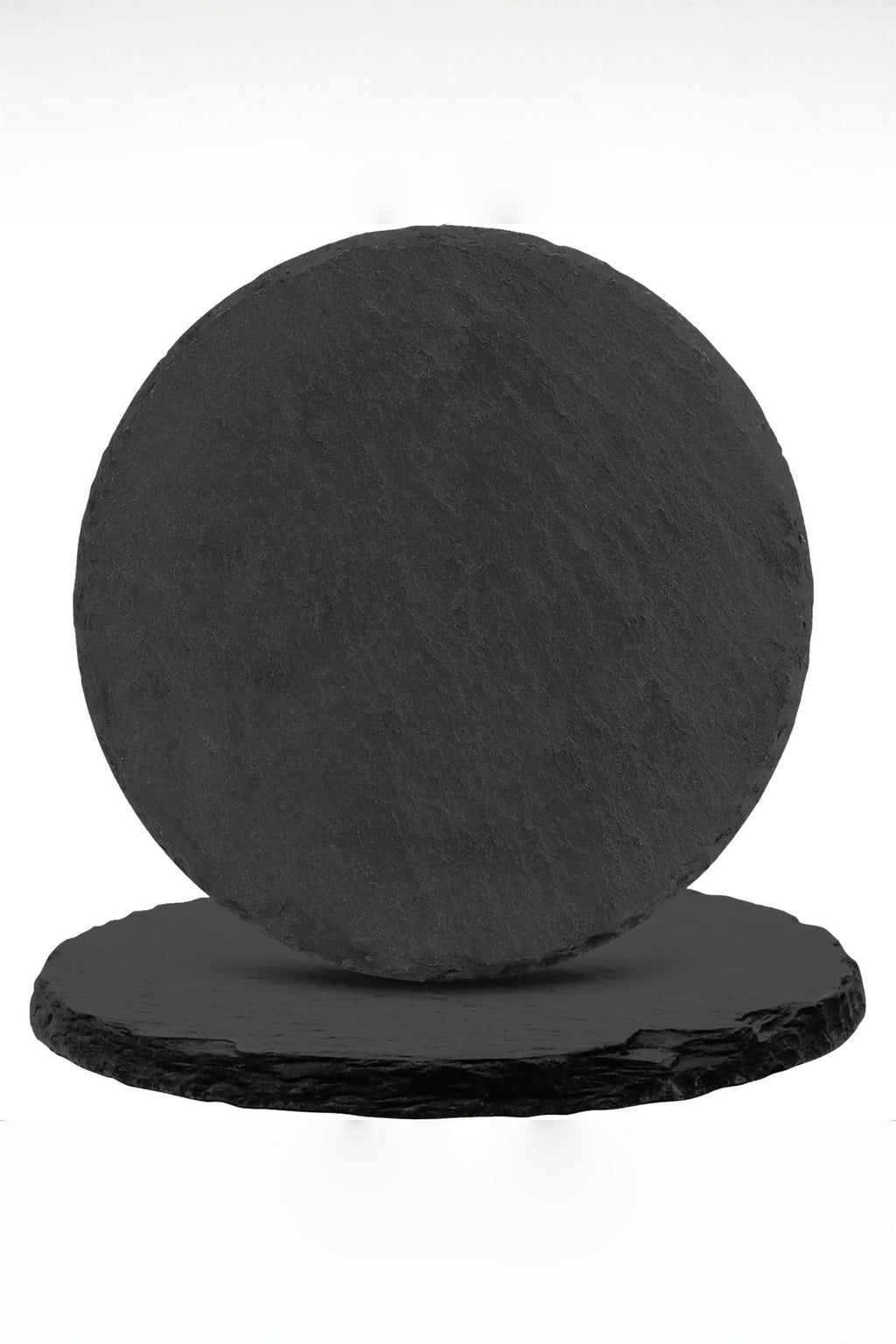 Two round natural slate coasters, 10 cm across, one leaning on the other to show the rough split edge
