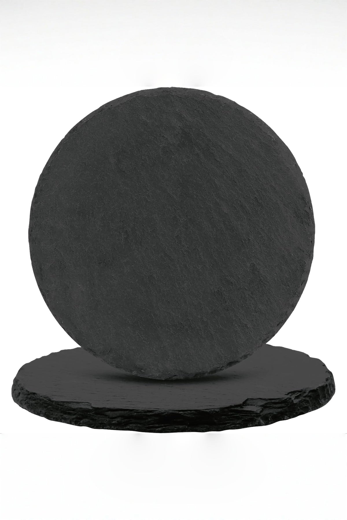 Two round natural slate coasters, 10 cm across, one leaning on the other to show the rough split edge