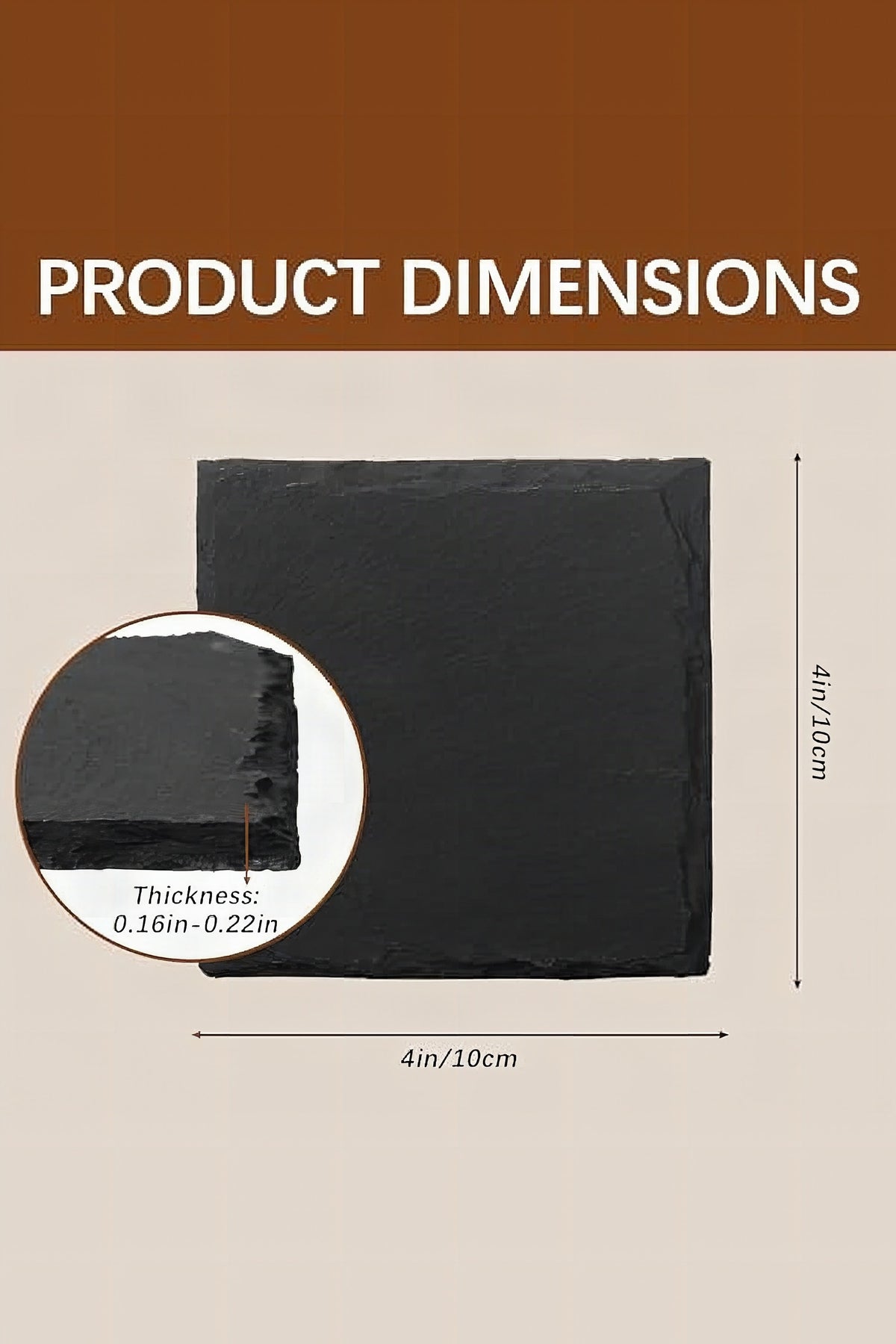 A square slate coaster measured at 10 x 10 cm, about 4 to 5.5 mm thick, with a close up of its edge