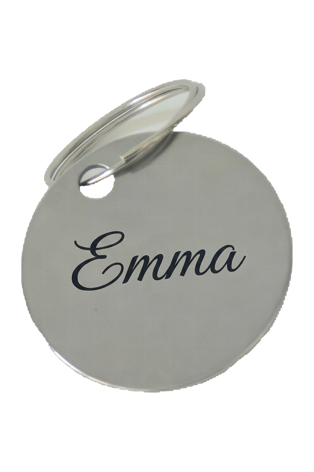 Example of the engraving: the stainless steel keyring, circle, laser-marked with a name in a flowing script, dark against the polished steel