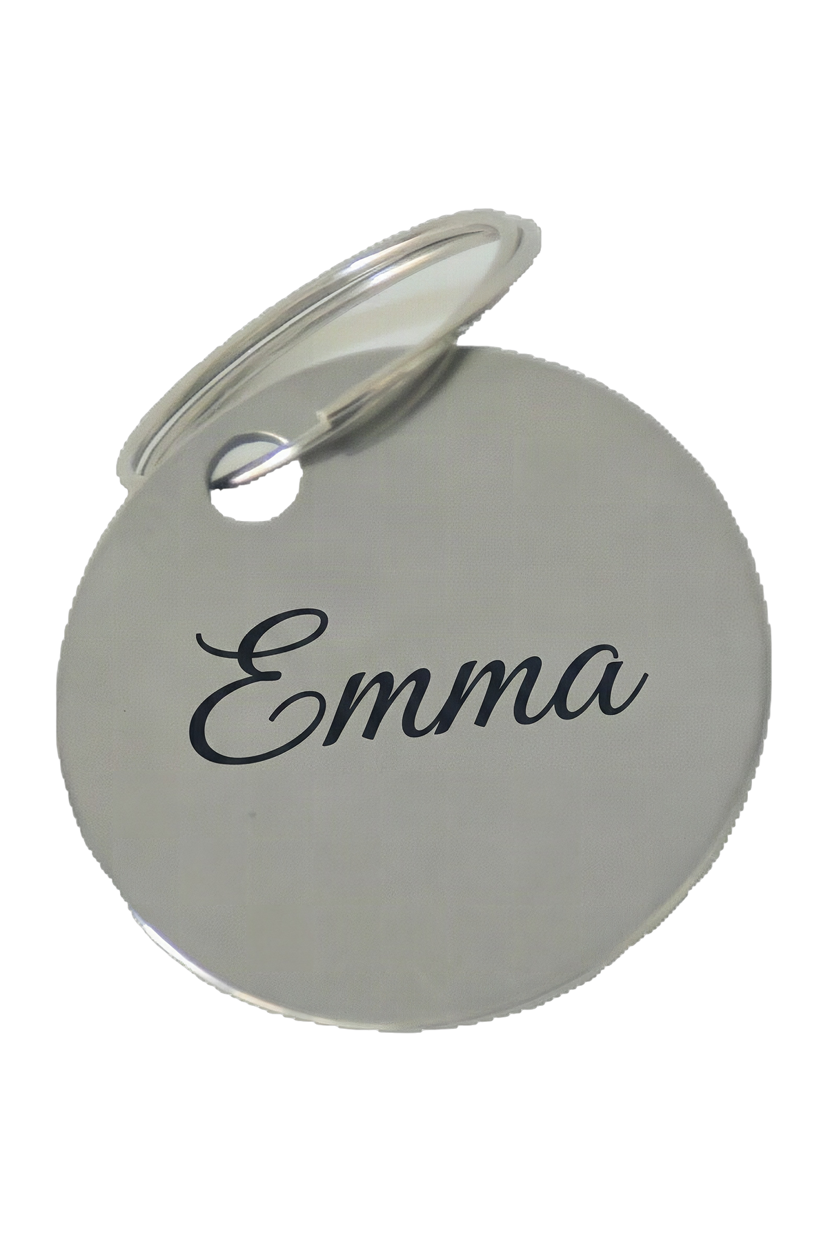 Example of the engraving: the stainless steel keyring, circle, laser-marked with a name in a flowing script, dark against the polished steel