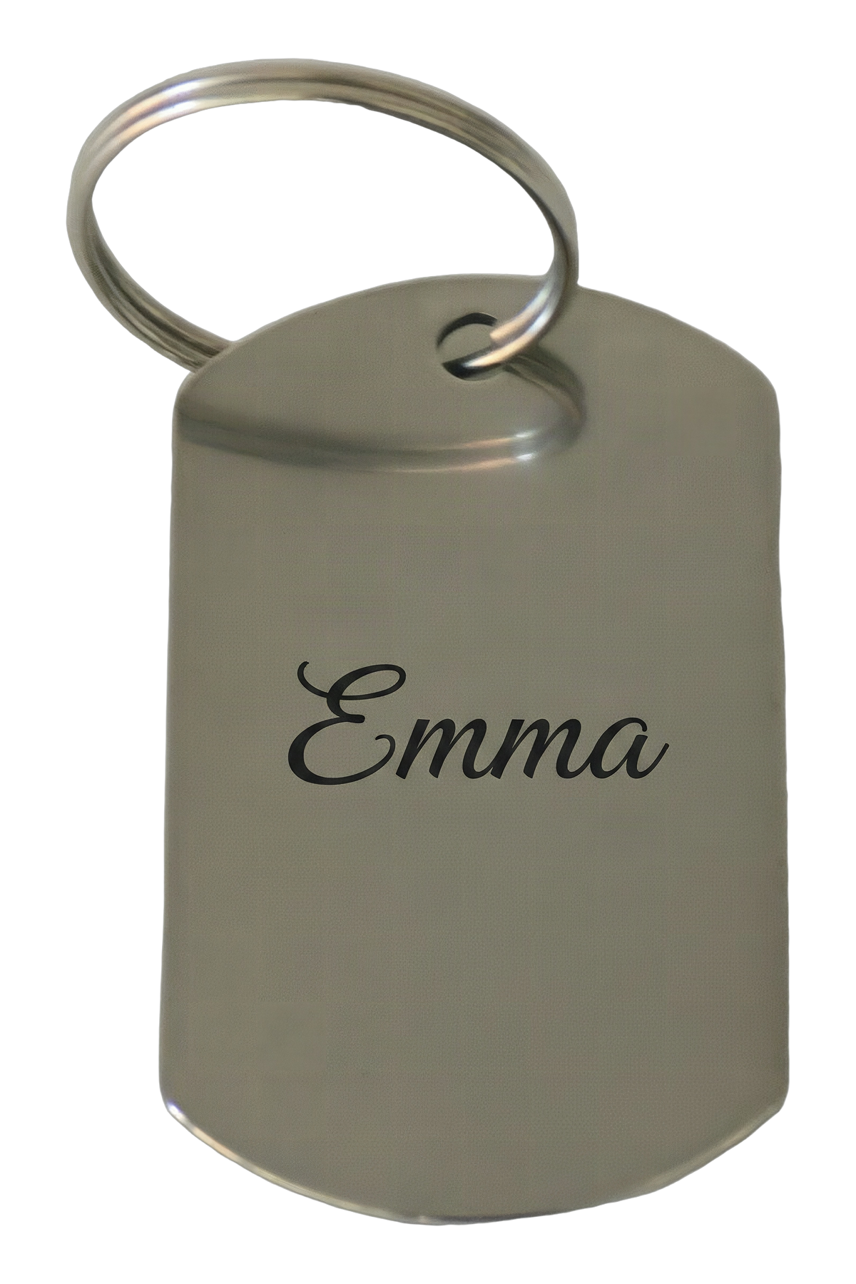 Example of the engraving: the stainless steel keyring, dog tag, laser-marked with a name in a flowing script, dark against the polished steel