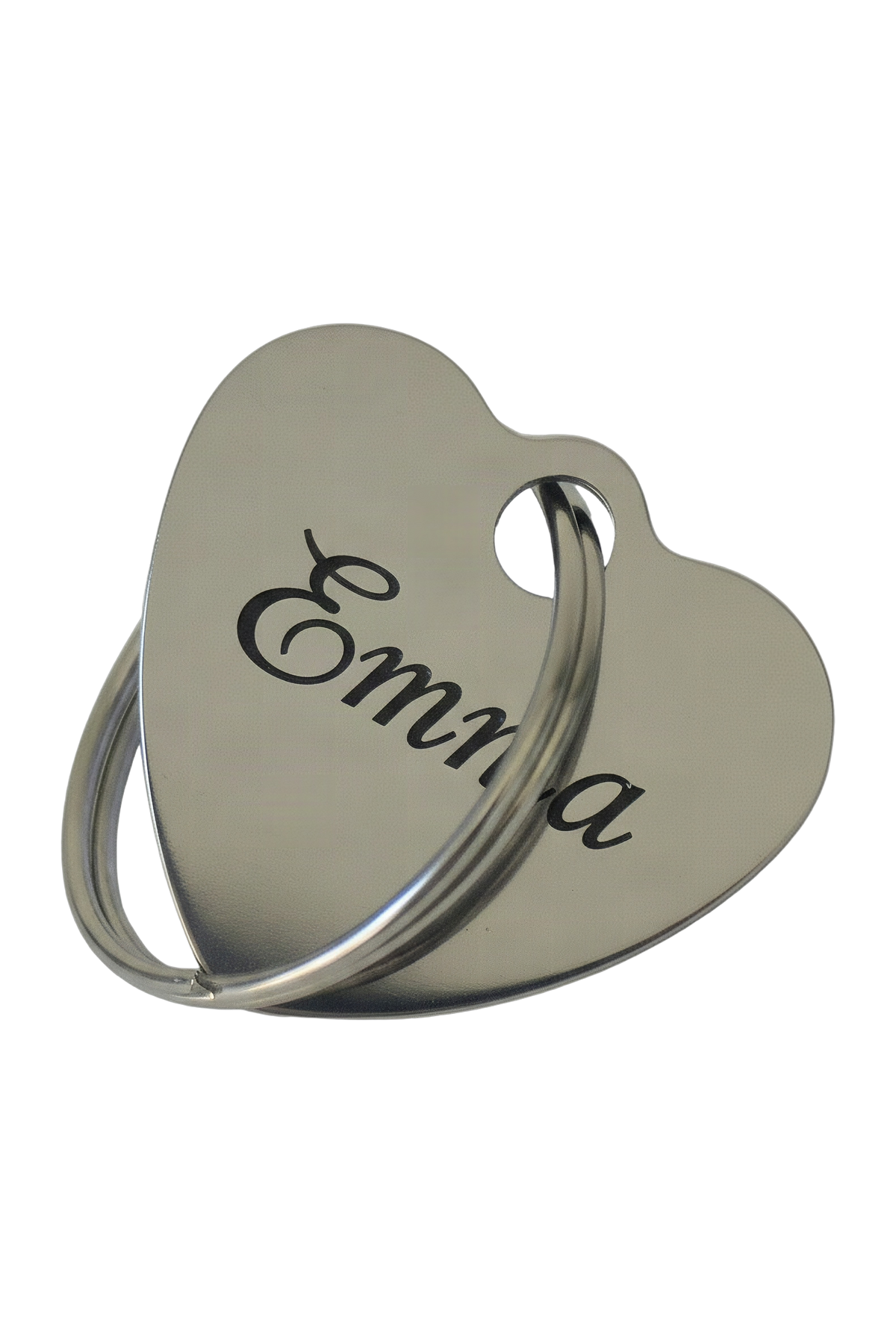 Example of the engraving: the stainless steel keyring, heart, laser-marked with a name in a flowing script, dark against the polished steel