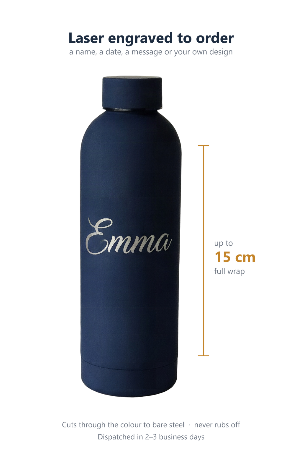 The engraving area: up to 15 cm tall, the full way round; laser engraved to order, dispatched in 2-3 business days