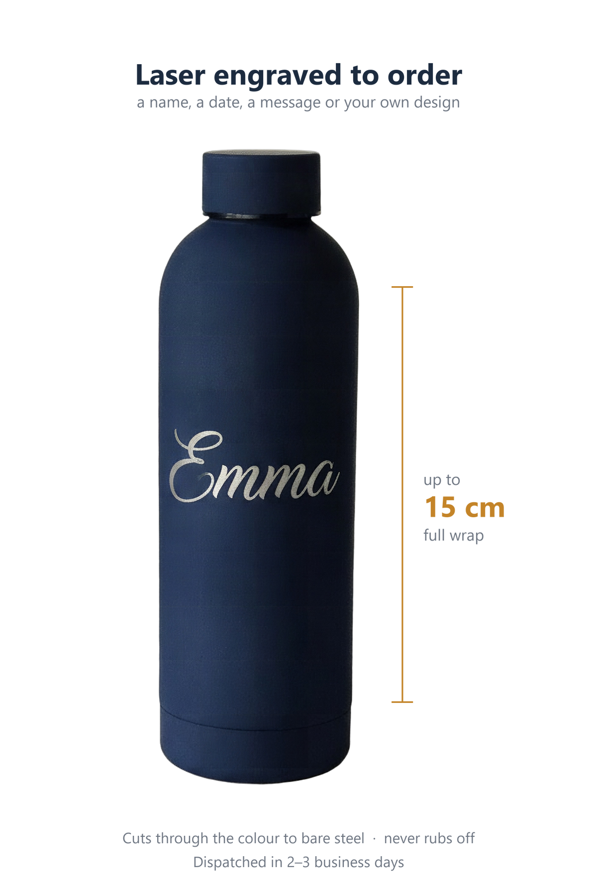 The engraving area: up to 15 cm tall, the full way round; laser engraved to order, dispatched in 2-3 business days