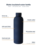 What the bottle is: screw cap, soft-touch finish, double-walled, 304 stainless steel, 500ml, hand wash only