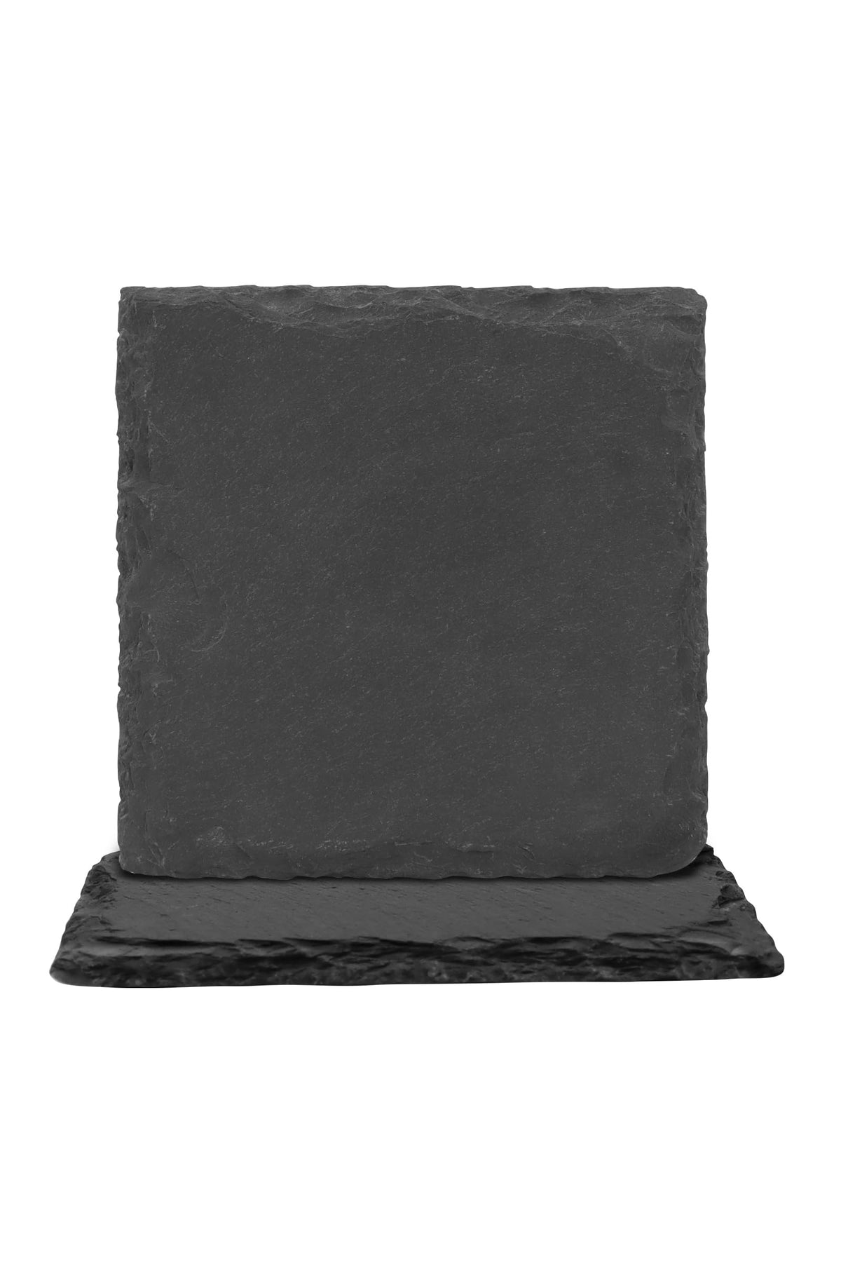 Two square natural slate coasters, 10 cm across, one leaning on the other to show the rough split edge