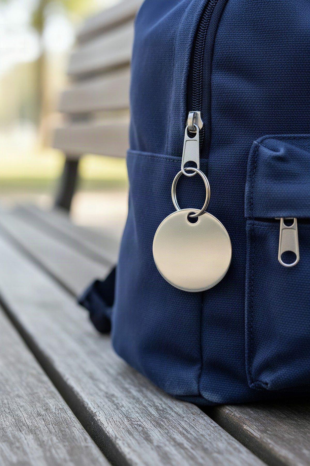 The steel disc keyring clipped to the zip of a navy backpack