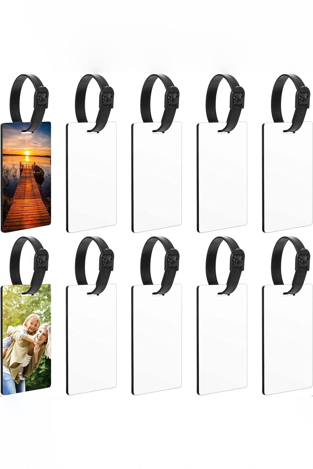 Rows of white sublimation bag tags on black straps, two of them printed with photos to show the finish