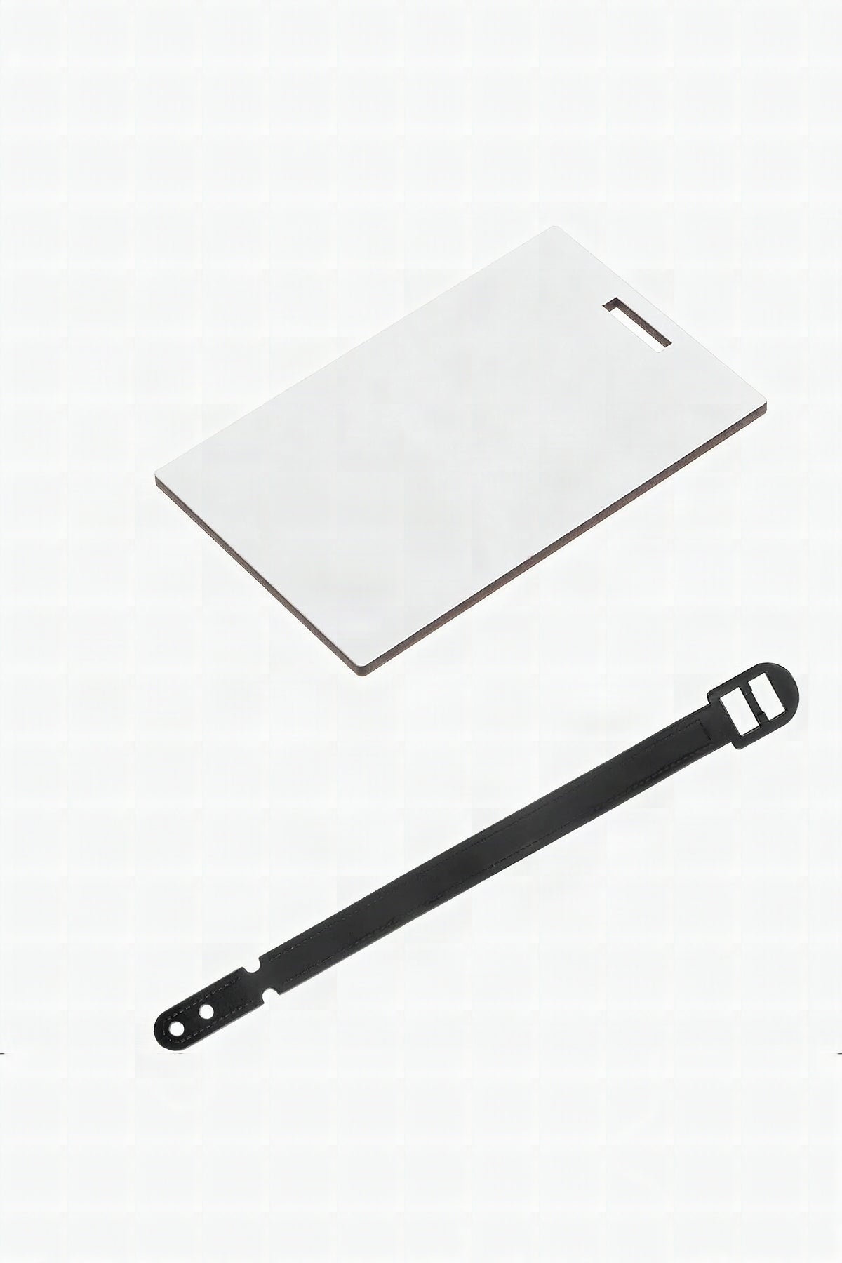 A blank white sublimation bag tag with its black strap beside it