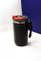 350ml matte black travel coffee cup, lid on, with the black carry rope clipped to its steel collar