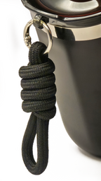 The braided black carry rope, knotted onto the ring at the cup's collar