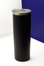 Tall skinny matte black travel cup with the clear lid fitted