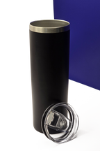 The same travel cup with the lid off beside it, showing the stainless steel rim and inner wall
