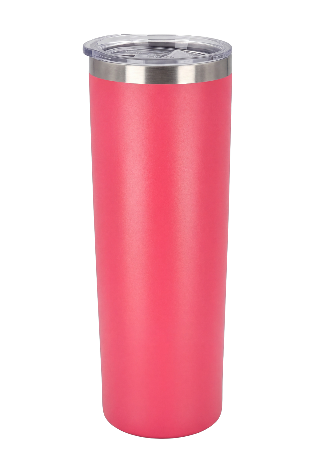 Tall skinny matte pink travel cup with the clear lid fitted