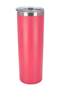 Tall skinny matte pink travel cup with the clear lid fitted