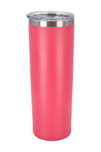 Tall skinny matte pink travel cup with the clear lid fitted