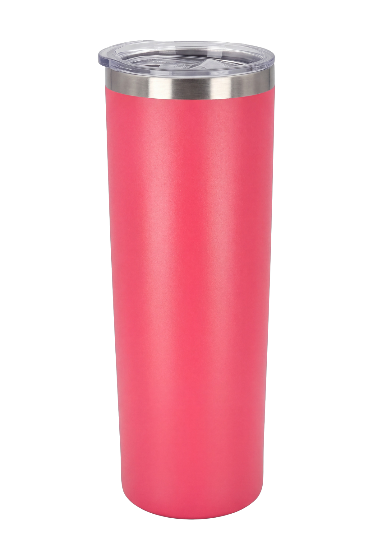 Tall skinny matte pink travel cup with the clear lid fitted