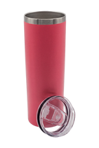 The pink travel cup with the lid off beside it, showing the stainless steel rim and inner wall