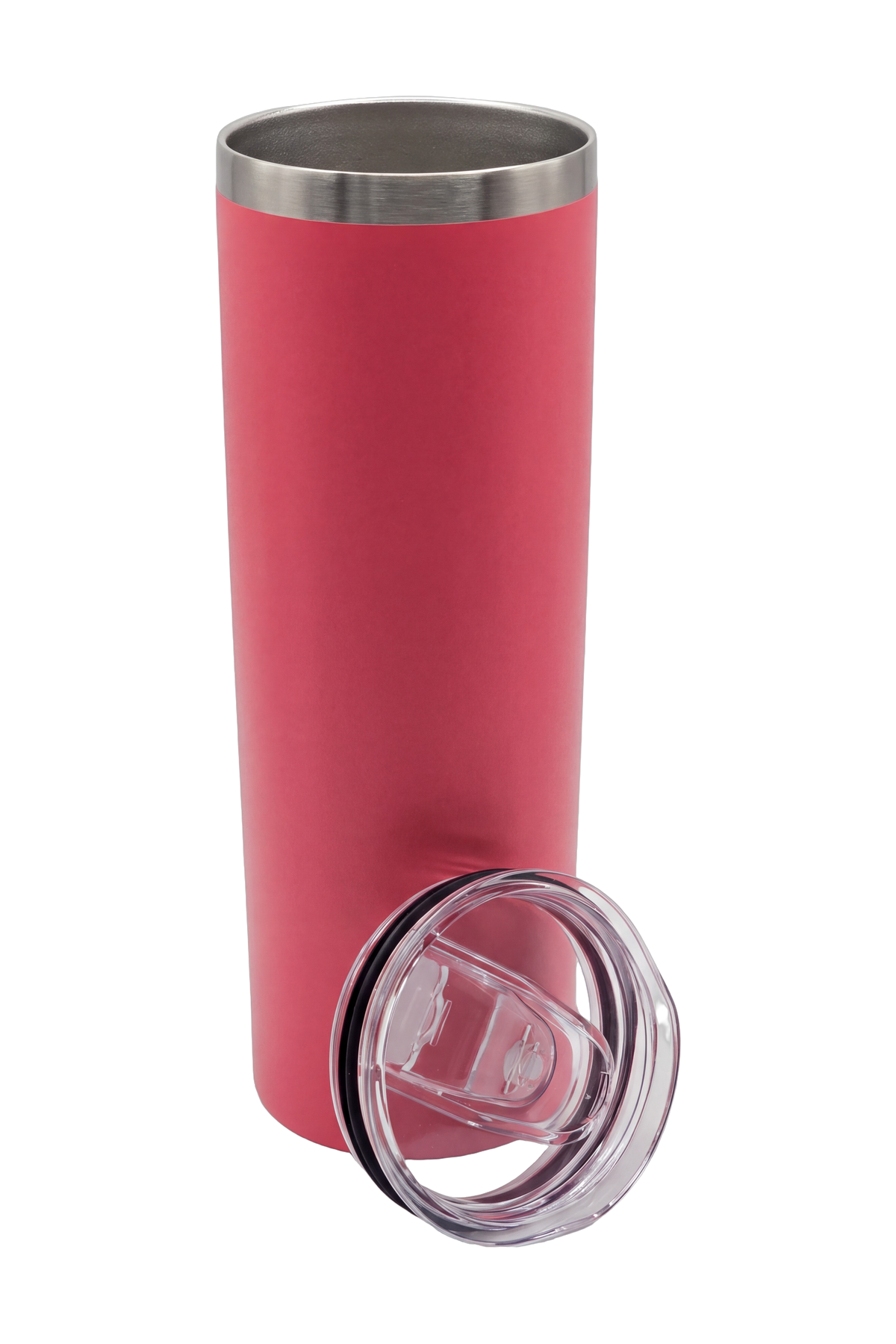 The pink travel cup with the lid off beside it, showing the stainless steel rim and inner wall