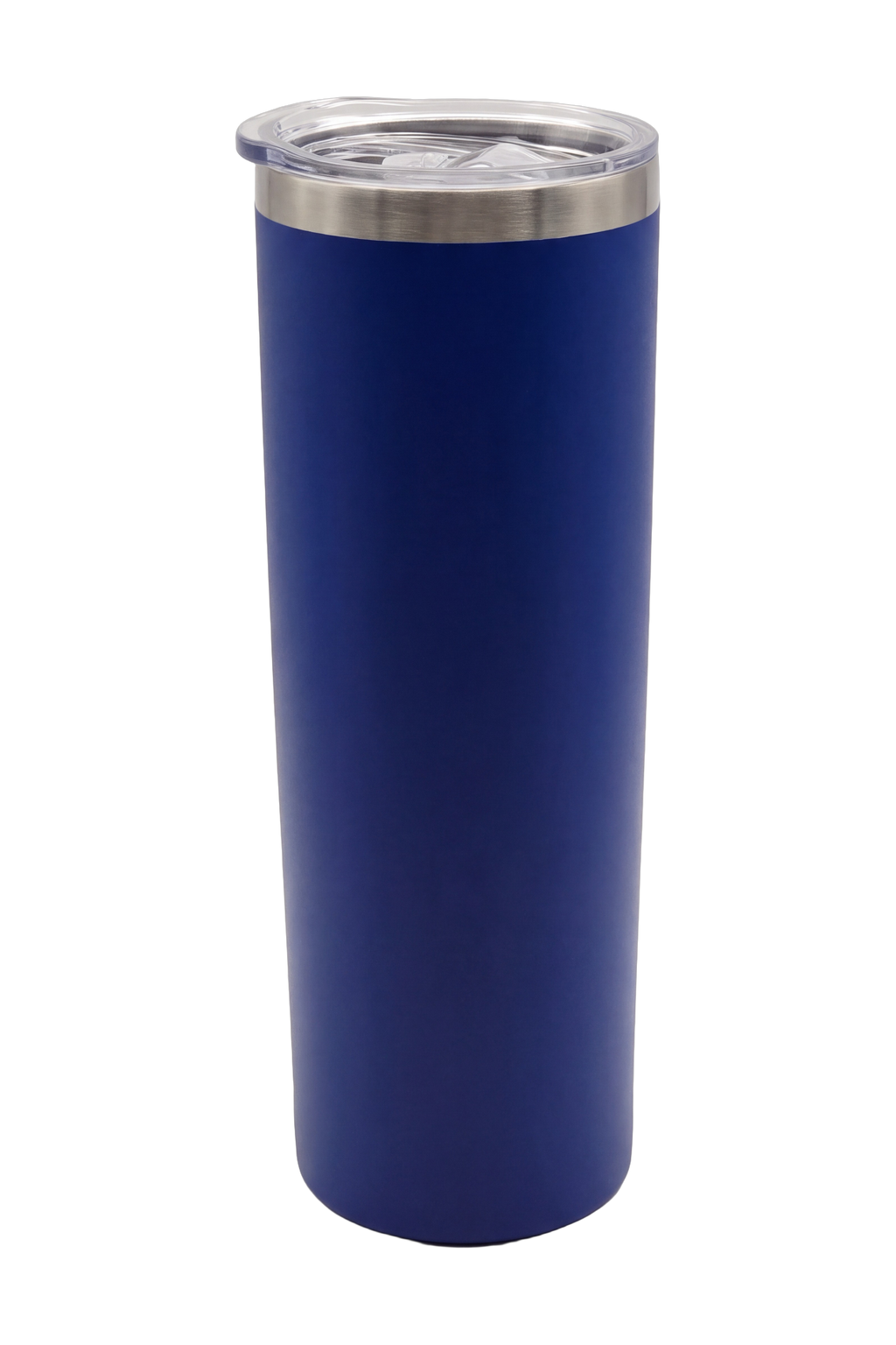 Tall skinny matte royal blue travel cup with the clear lid fitted