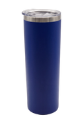 Tall skinny matte royal blue travel cup with the clear lid fitted