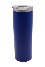 Tall skinny matte royal blue travel cup with the clear lid fitted