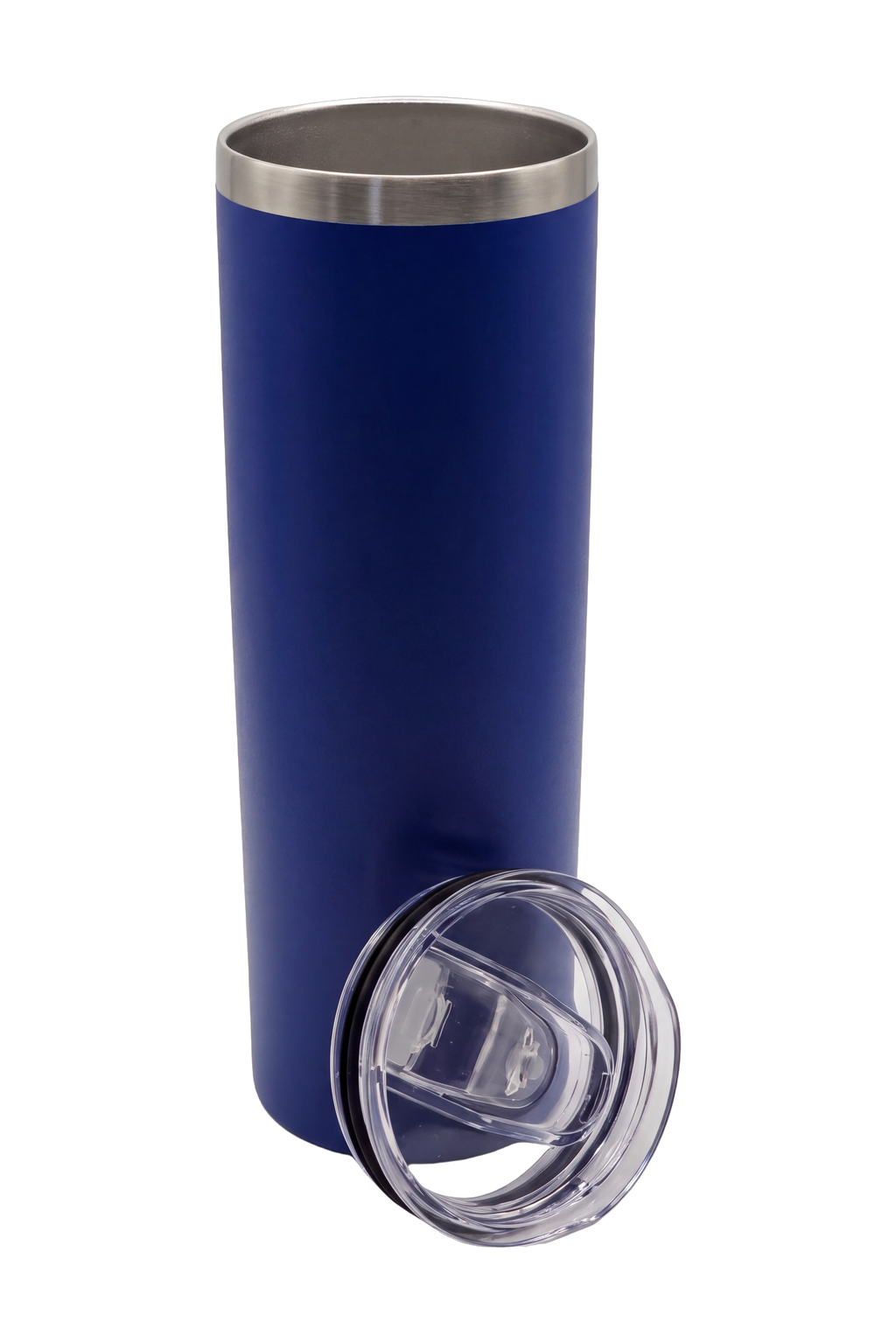 The royal blue travel cup with the lid off beside it, showing the stainless steel rim and inner wall