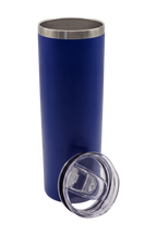 The royal blue travel cup with the lid off beside it, showing the stainless steel rim and inner wall