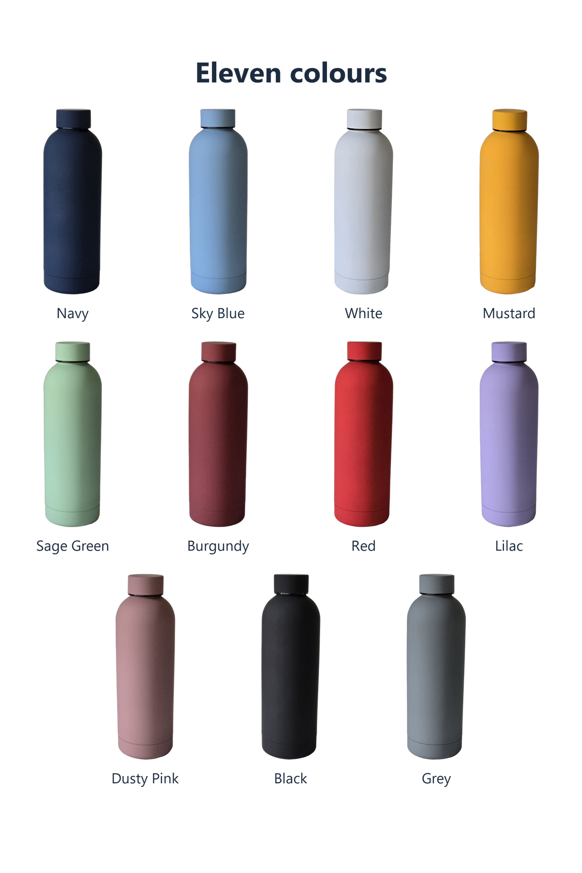 The eleven colours, named: Navy, Sky Blue, White, Mustard, Sage Green, Burgundy, Red, Lilac, Dusty Pink, Black, Grey