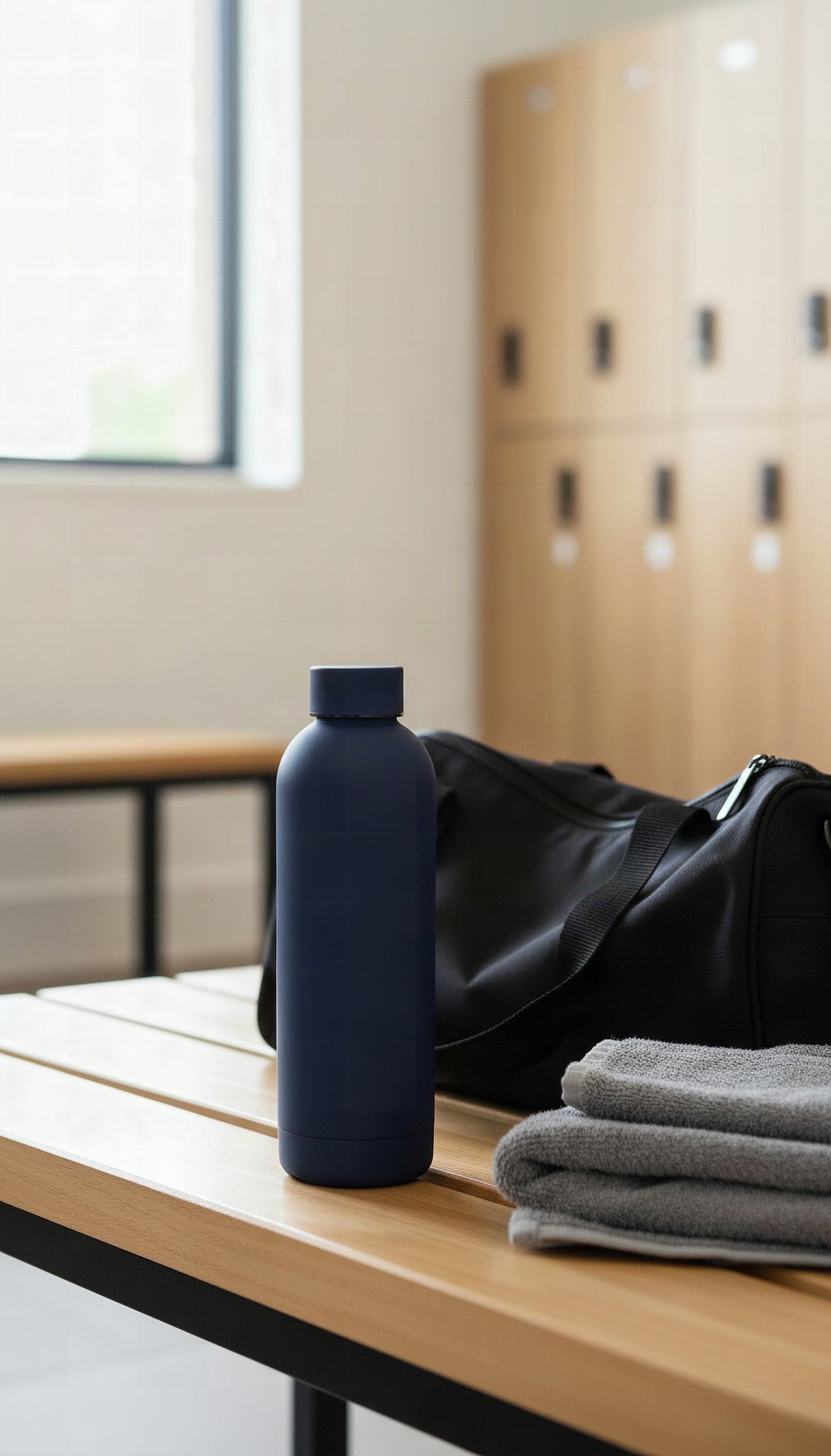 The navy bottle on a gym changing-room bench with a towel and a kit bag