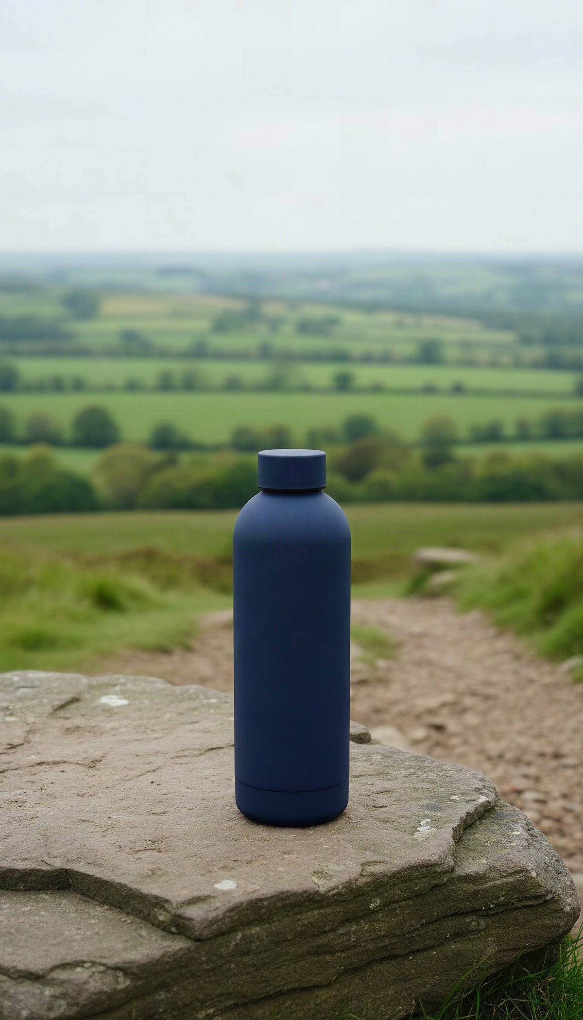 The navy bottle on a rock on a hillside path, green fields behind